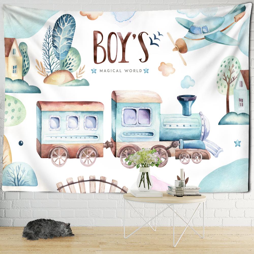 Гобелен с мультяшным поездом и животными, настенный гобелен Kawaii, милый бохо-арт, минималистичный хиппи для девочек, общежитие, декор для детской комнаты, ткань