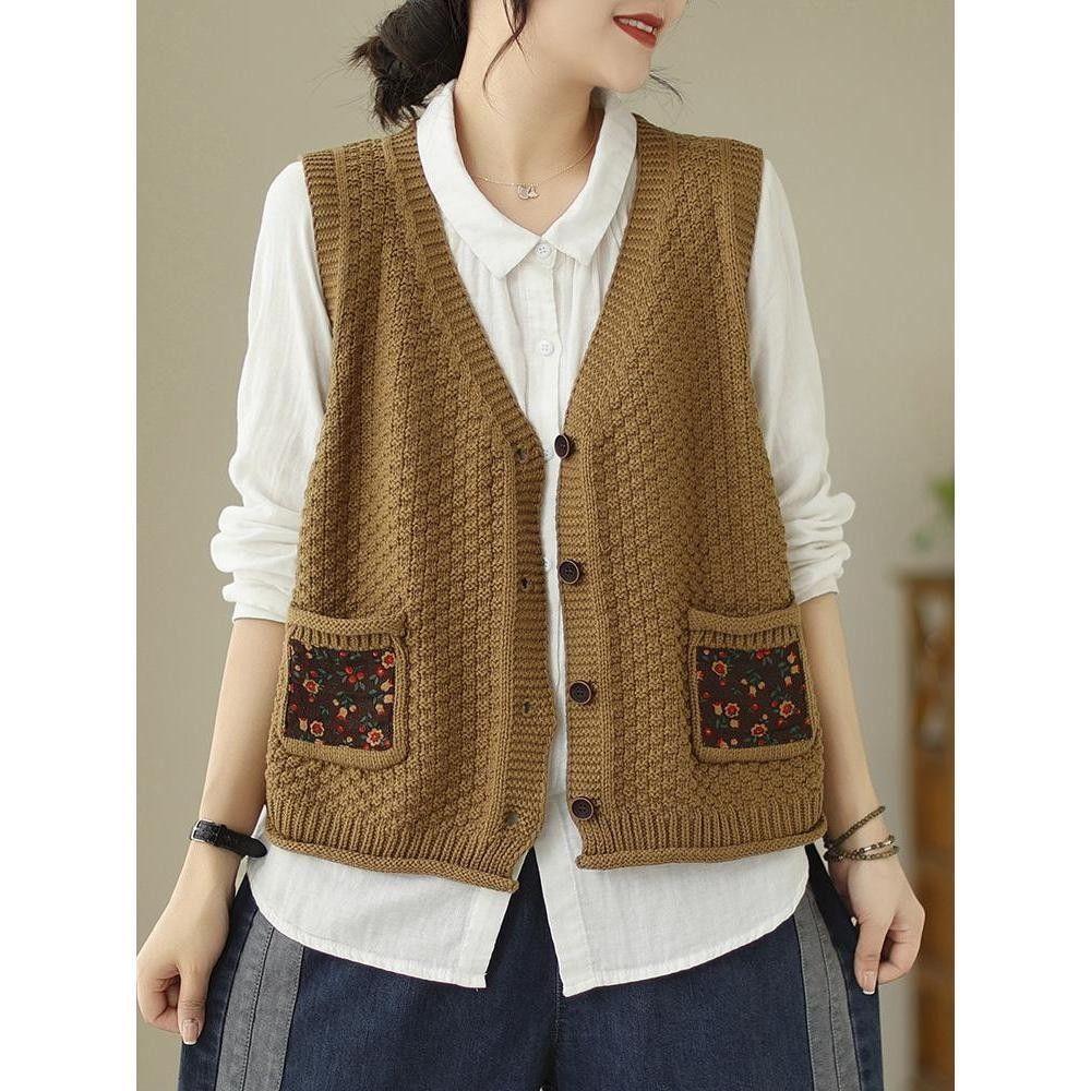 Женский вязаный жилет-кардиган из хлопка с цветочным накладным карманом, свободный и утягивающий, осенний повседневный с V-образным вырезом, без рукавов