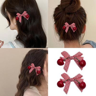 2 шт. Клетчатые банты для волос с подвеской-вишенкой, аксессуары для волос, нескользящие боковые заколки для волос для девочек, школьное мероприятие, наряд