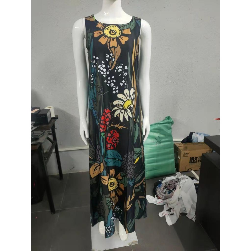 GMXIA Summer Positioning Flower Round Neck Sleeveless Loose Print Dress Long Skirt Women