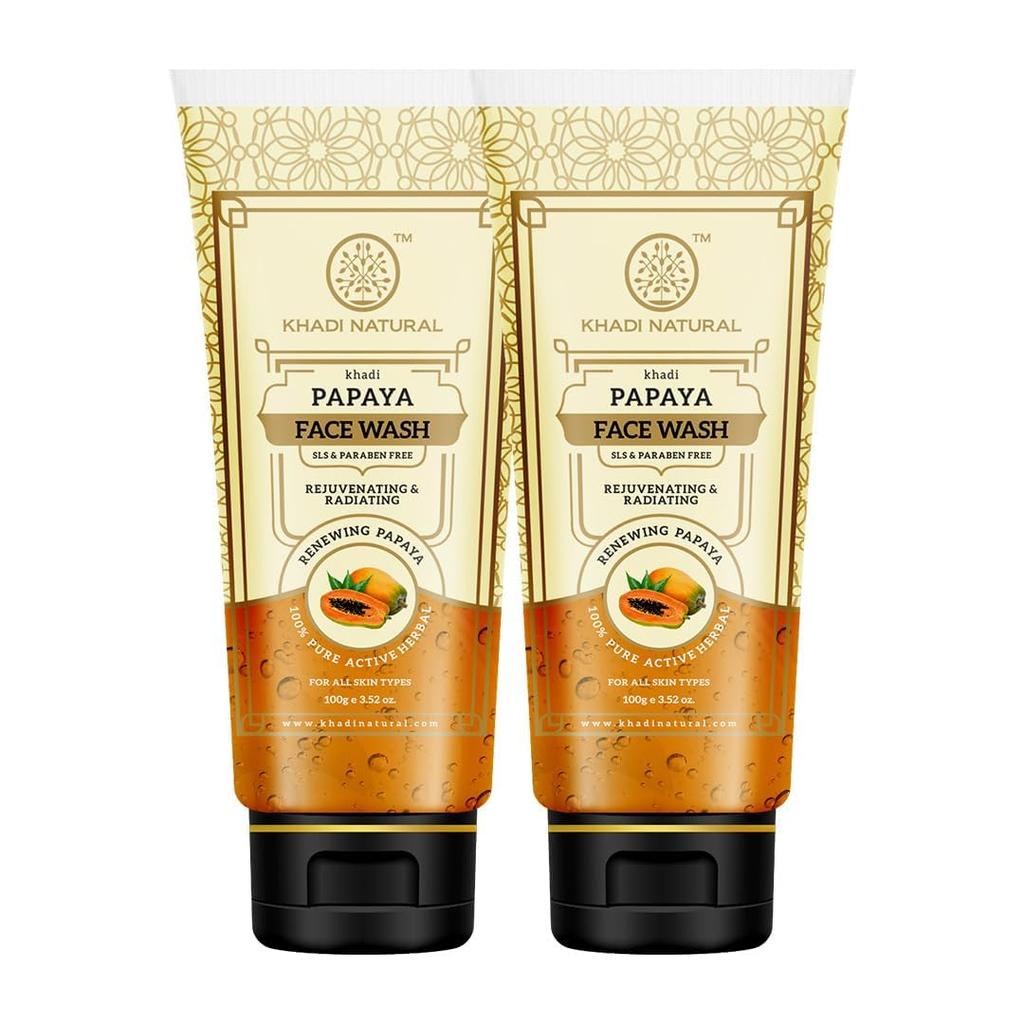 Khadi Natural Papaya Face Wash for Glowing Skin | Herbal Hydrating Cleanser | Pack of 2,X 100 ml Total
