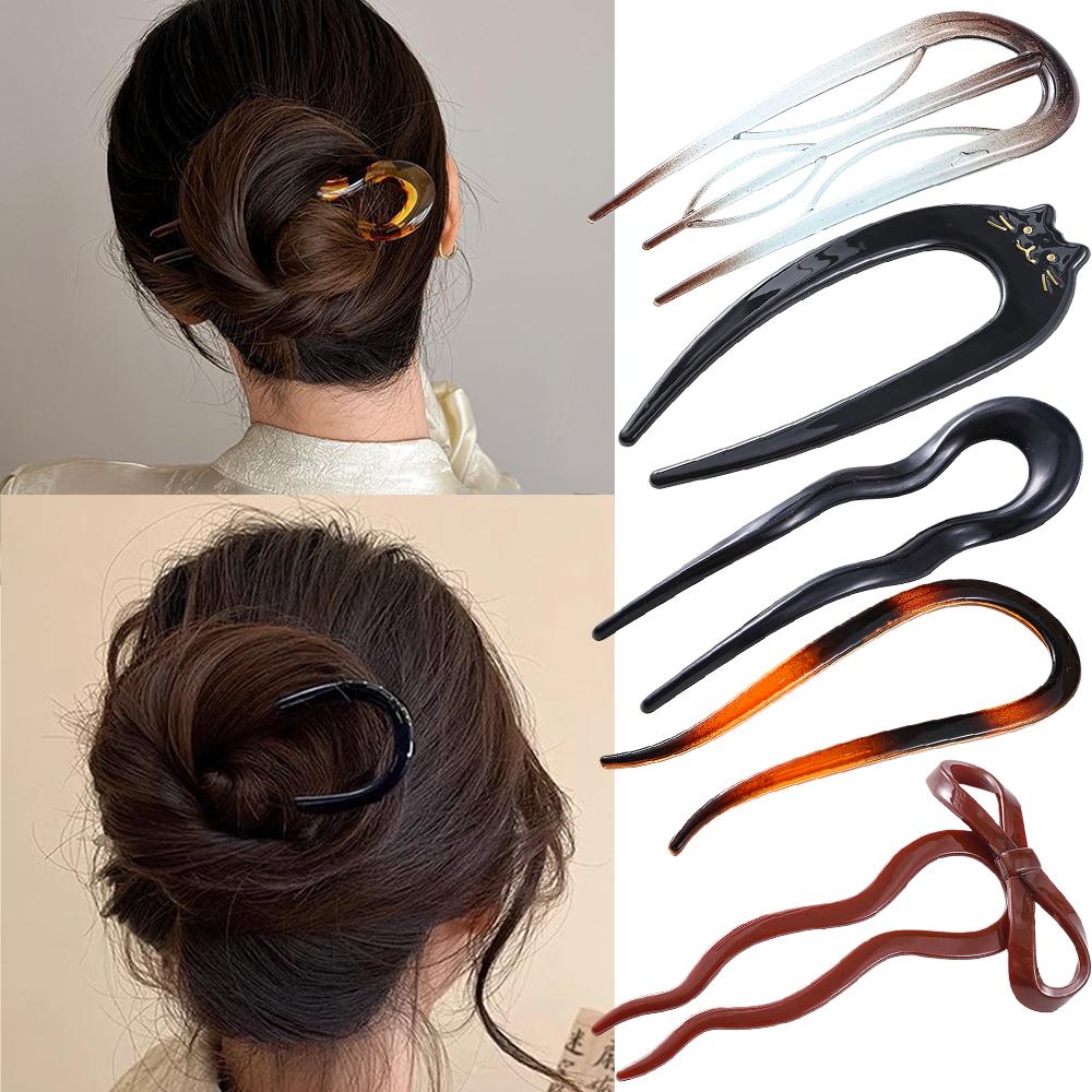 5Pcs/Set U-Shaped Hair Sticks Butterfly Hair Stick Bun Comb for Women Acrylic Geometric Hair Clip Girls Hair Accessories