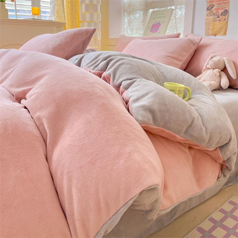 Thickened Milk Fleece Four-Piece Set, Solid Color Coral Fleece Bed Sheet Quilt Cover, Fleece Bedding Three-Piece Set