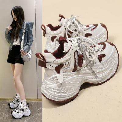 Париж кожа маленький мужчина увеличение роста 8см папины кроссовки женские корейская версия сочетание цветов толстая подошва круглый носок универсальные повседневные спортивные кроссовки