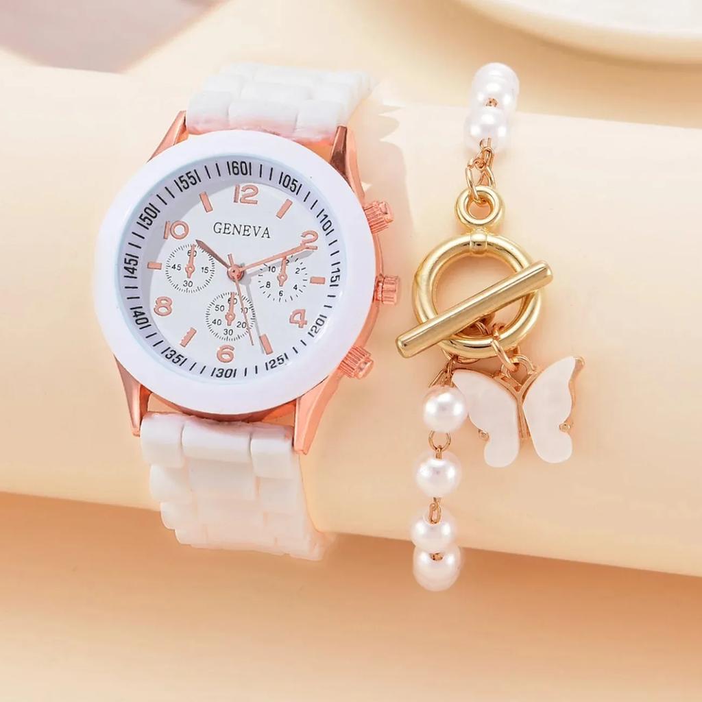 2pcs-Women's Watches Casual Silicone Band Analog Quartz Watch Heart Pearls Jewelry Set(Without Box)