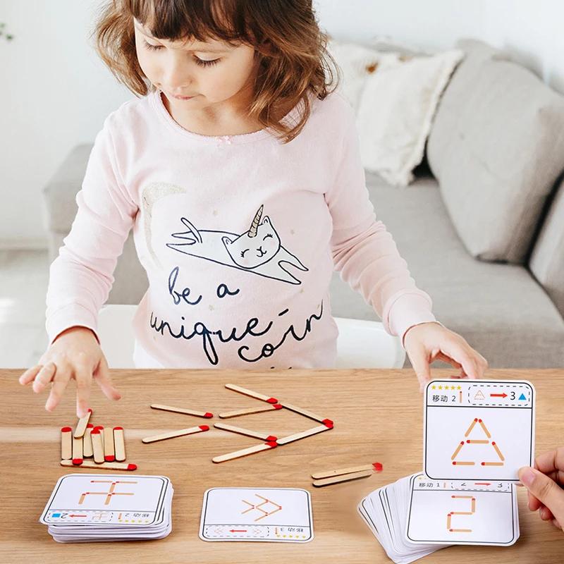 Монтессори спички головоломки игра деревянные игрушки DIY математика геометрия настольная игра мышление спички логика обучение развивающие игрушки для детей