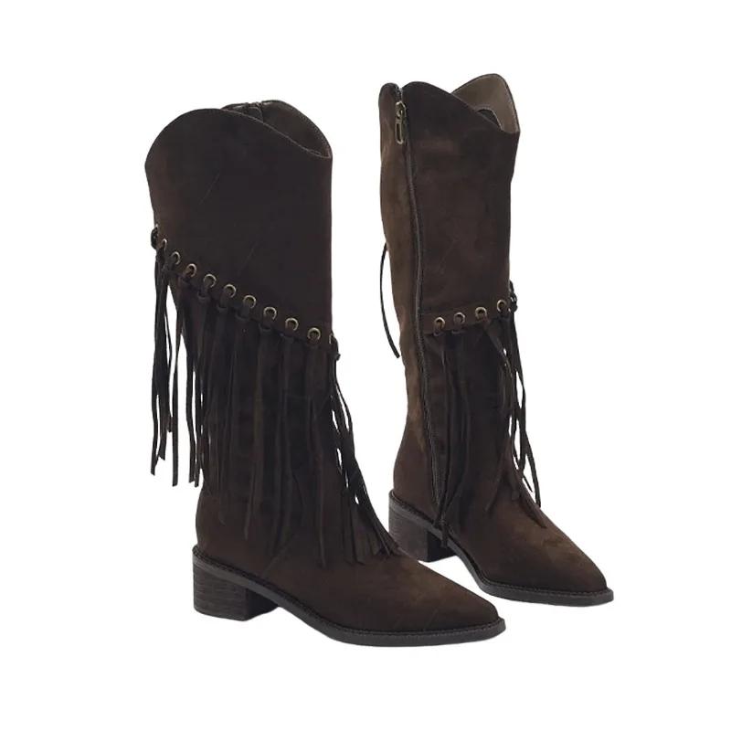 Fashion Luxury Shoes for Women 2024 Fashion Bohemia Knee-length Women's Boots New Pointed Tassels Faux Suede Boots Ladies Platform Shoes