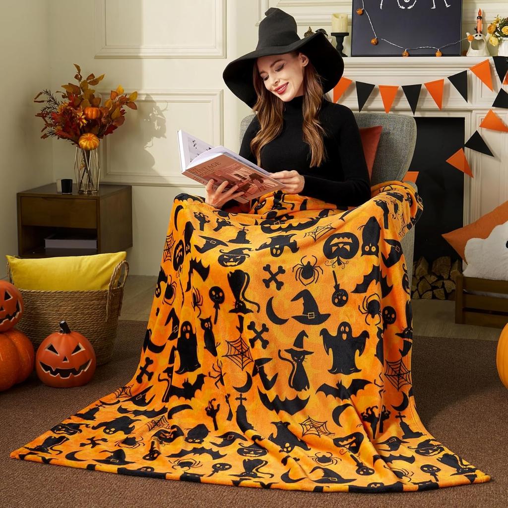 1PC Halloween Throw Blanket Black Bat Pumpkin Ghost Skull Thin Blanket Gifts for Decor Couch Bed Car Home Camping All Season Use