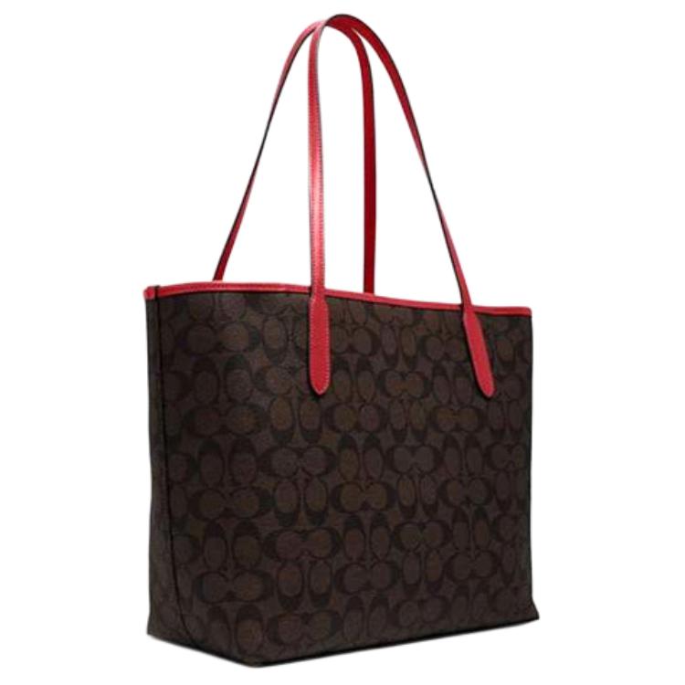 Coach City 33 Classic Monogram Faux Leather Tote Bag Women tote bags Red Brown 5696-IMRVQ