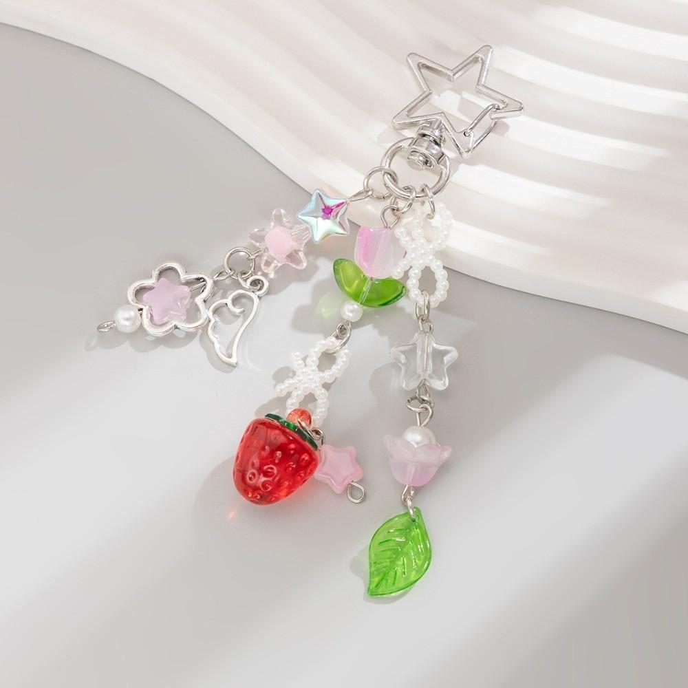 Strawberry Design Beaded Phone Chain Cute Flower Bag Charm Keychain Strap  Coquettish Style