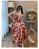 Women's Elegant French Floral Pleated Strappy Dress - Summer High Waist A-line Long Skirt