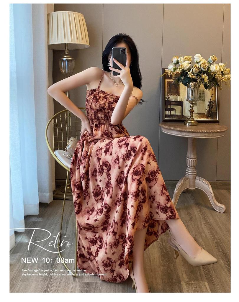 Women's Elegant French Floral Pleated Strappy Dress - Summer High Waist A-line Long Skirt