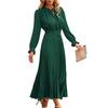Women Dress Dot Print Pleated High Tight Waist Long Sleeve Shirring Collar Lace Up V Neck Mid-calf Length Lady Midi Dress