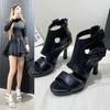 Fashion 2024 Summer New Women's Fashion Belt Buckle Hollowing Out High Heels Rear Zipper Exposed Toe Slender Heel Rome Sandals