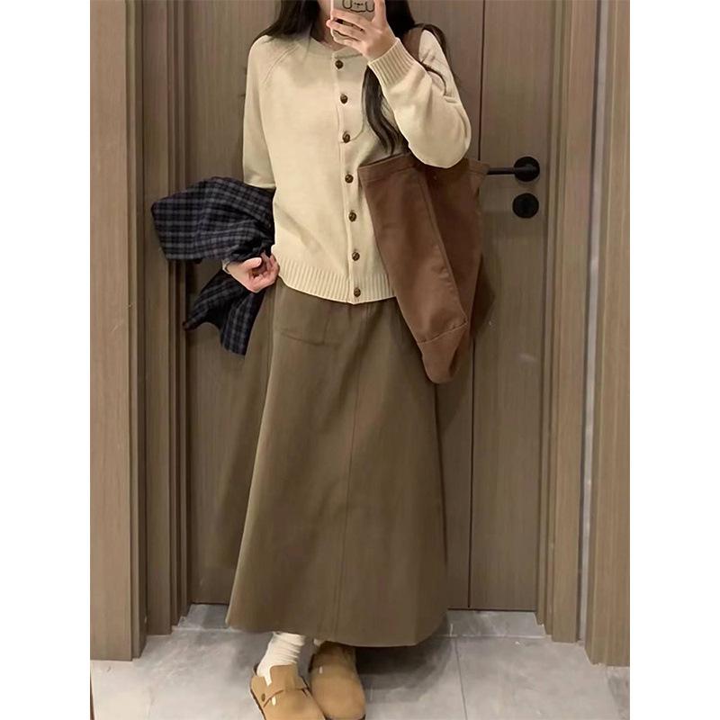 Японский ретро-клетчатый жилет в стиле мори-гёрл, абрикосовый кардиган и миди-юбка в комплекте для студенток