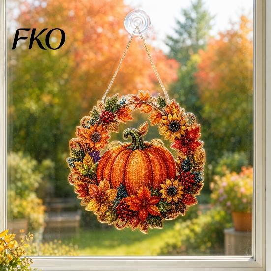 Christmas Party Decoration Pumpkin Acrylic Window Hanging Decor, Fall Harvest Wreath Ornament for Festive Pendant Thanksgiving Halloween, Indoor