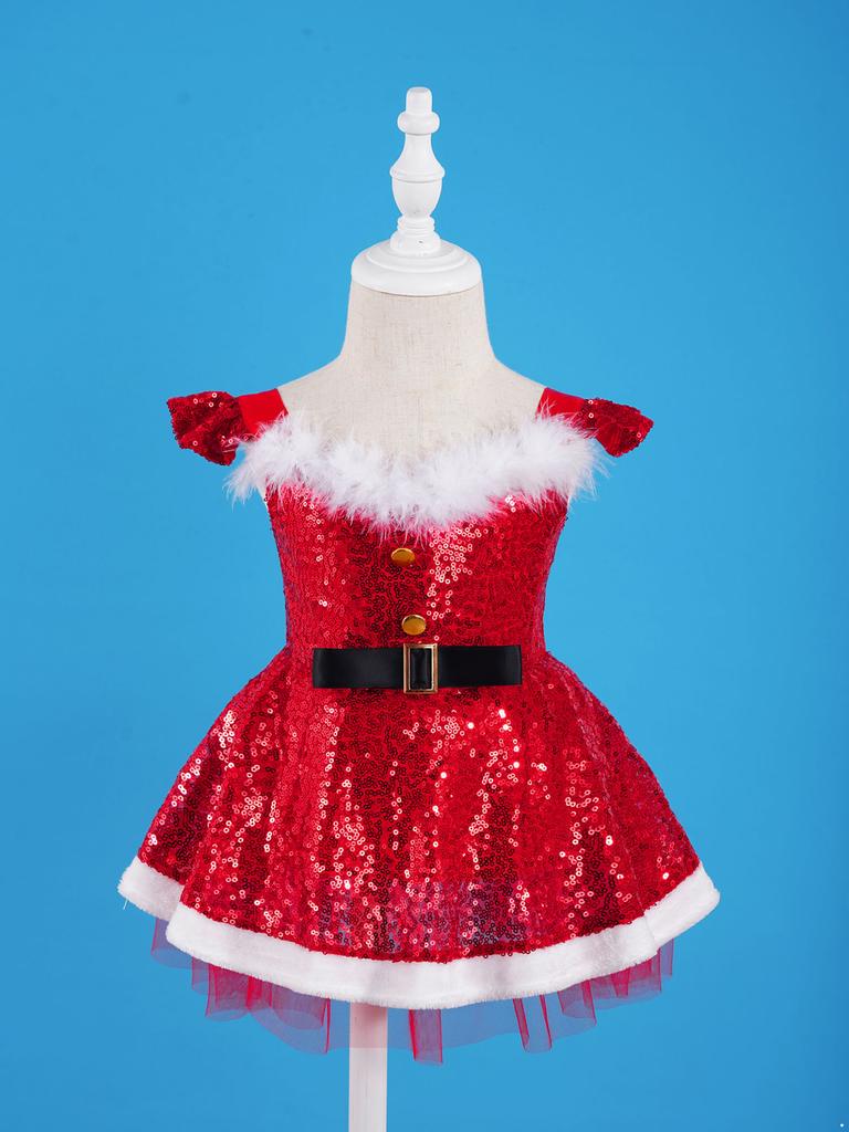 2PCS Kids Girls Sequin Christmas Santa Claus Costume Baby Dress Up Party Dance Dress Outfits