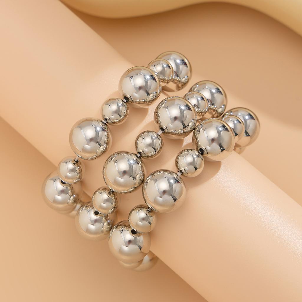 3PCS Punk Stretch Beads Bracelets Gold Sliver Color Stacked Ball Beaded Bracelet For Women Men Imitation Pearl Jewelry