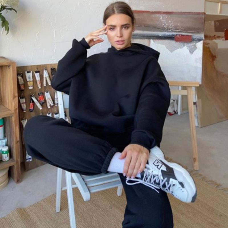 Флисовые спортивные костюмы с капюшоном, женские теплые топы с капюшоном и длинными рукавами, брюки с эластичной резинкой на талии, женские комплекты из двух предметов, женские наряды