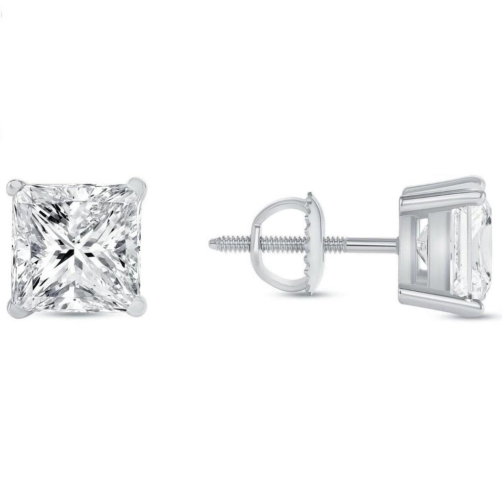 Jewels Prim 3.5 Ct Princess Cut Earrings Studs Real Solid 14K White Gold Screw Back Basket