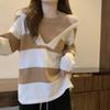 Women's Fake Two-piece Neck Hanging Off Shoulder Striped V-neck Sweater