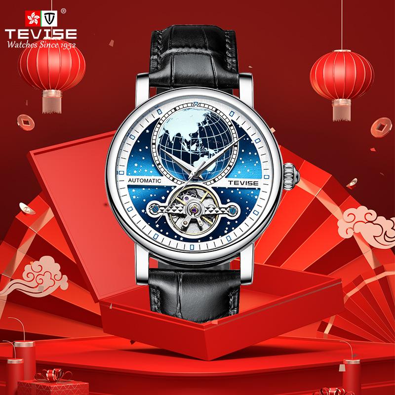 TEVISE New Hollow Mechanical Watch Automatic Leather Casual Watch Waterproof Men's Watch