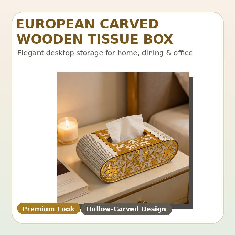 Wooden Carved Tissue Box Cover, European Style Decorative Napkin Holder, Creative Desktop Storage Box for Home Living Room Bedro