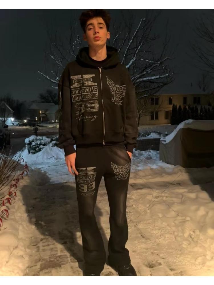 Европейская и американская мода повседневная свободная толстовка с капюшоном для мужчин Y2k ретро аниме принт куртка готическая толстовка на молнии в стиле Харадзюку