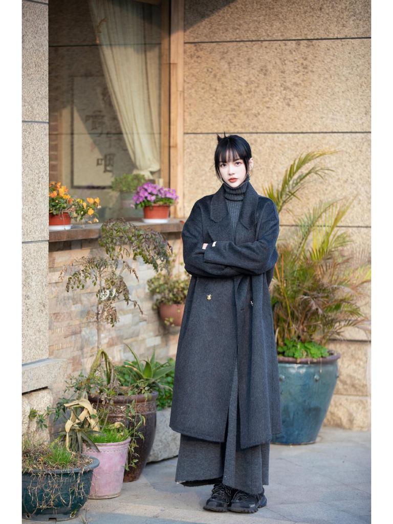 Korean Style Women's Long-Haired Double-Faced Wool Cashmere Cocoon Coat