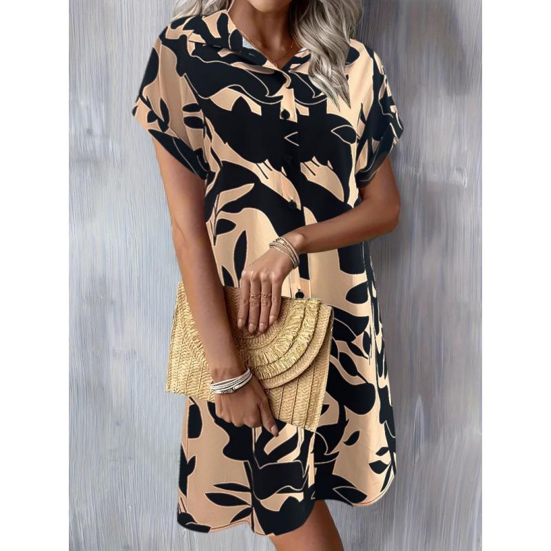 2025 Amazon cross-border summer new fashion temperament commuter short sleeve printed shirt button dress women's clothing