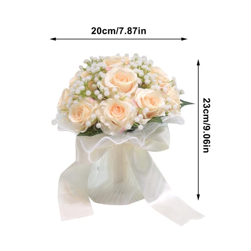 23/30cm White Artificial Roses Bride Bouquet Flowers With Ribbon Romantic Wedding Party Decoration DIY Bridal Floral Bouquets