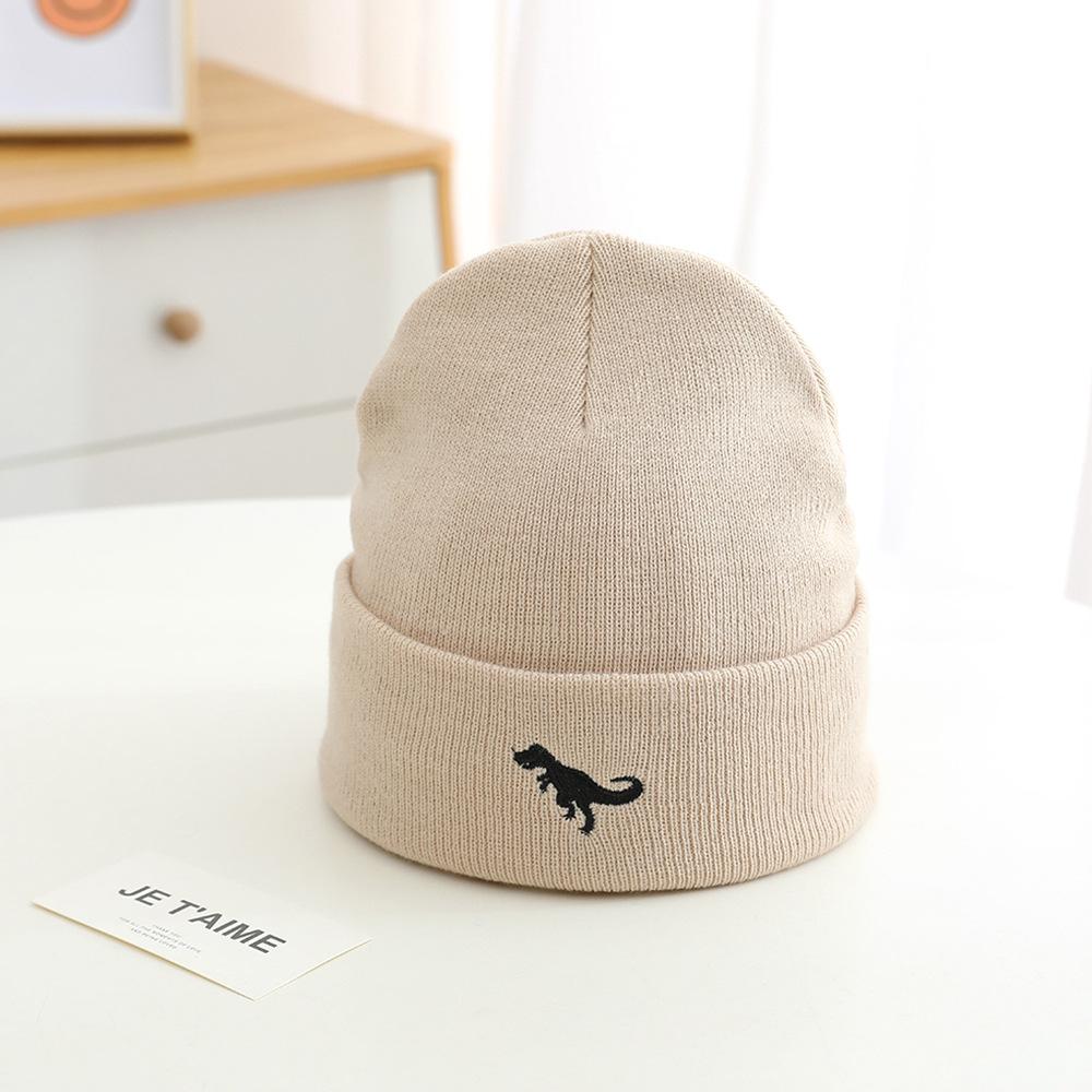 European and American children's autumn and winter knitted hats, boys' embroidered dinosaur standard warm wool hats, simple windproof hats