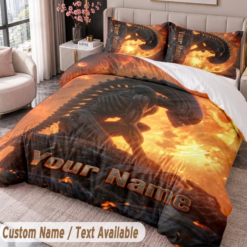 Custom Name Text 3Pcs Bedding Set Alien Xenomorph Duvet Cover And Two Pillowcases