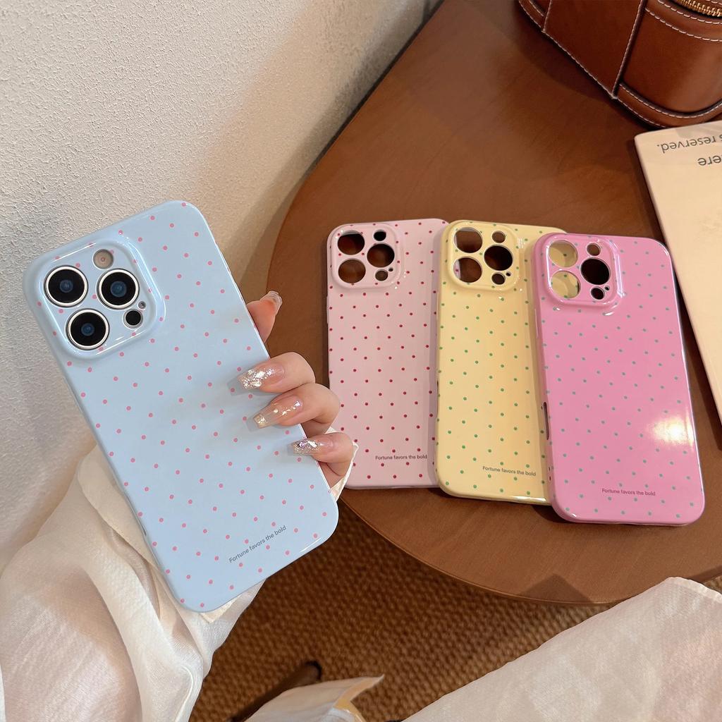 Корейский Милый Чехол для Телефона в Горошек для iPhone 17 16e 16 15 14 13 12 11 Air Pro Max XS XR XSMax 6 7 8 Plus Глянцевая Пленка Жесткий ПК