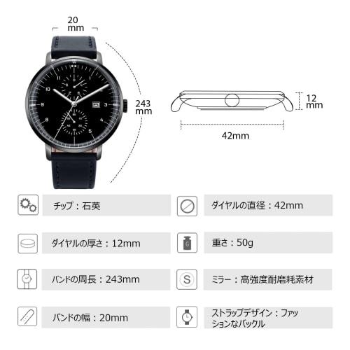 RORIOS Men's Genuine Leather Watch with Big Face, Simple Design, Luminous Movement, Quartz Movement, Chronograph Movement, Date Display, Black B