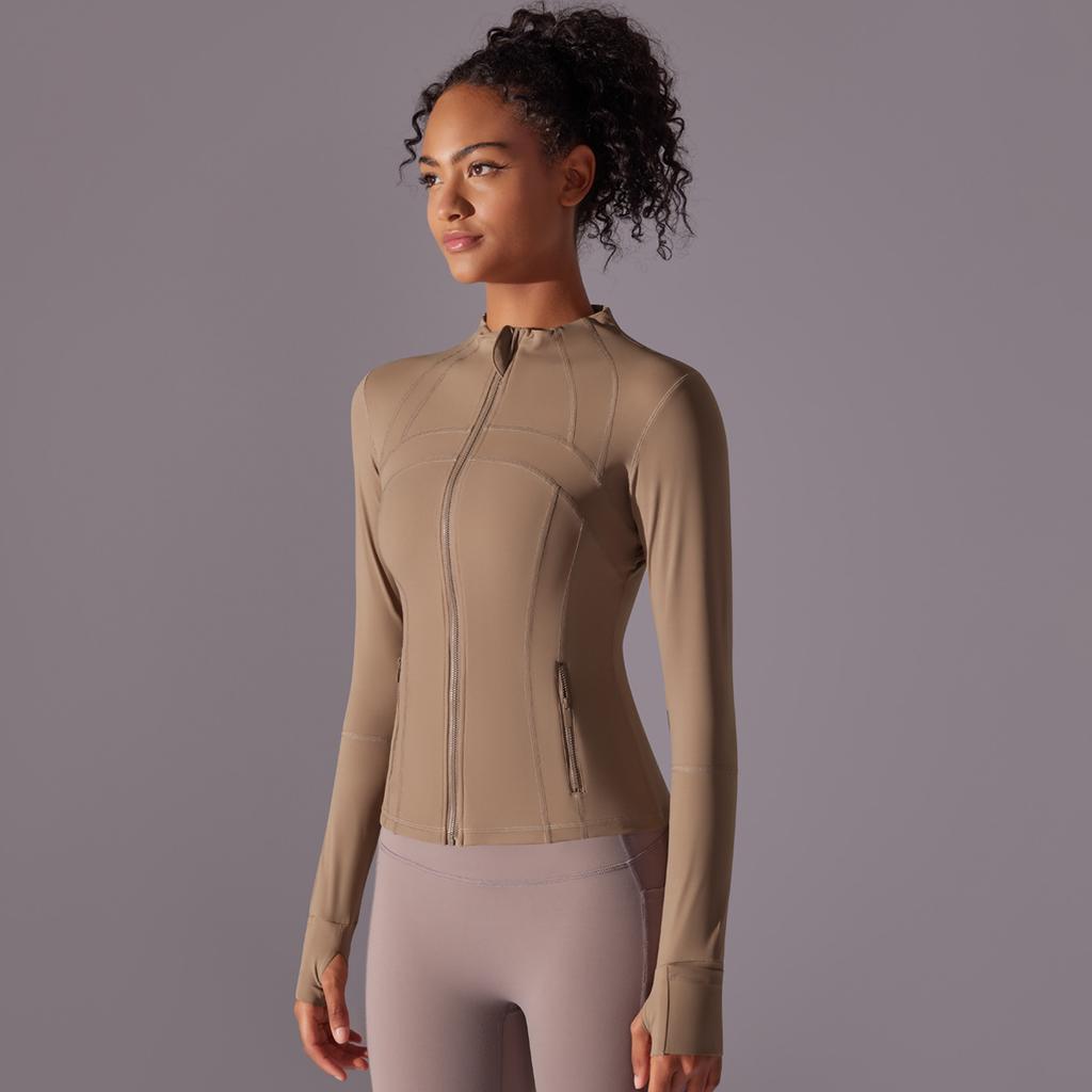 New Double-sided Nylon Brushed Sports Zipper Stand Up Collar Yoga Jacket, Sports Running Fitness Long Sleeved Top For Women