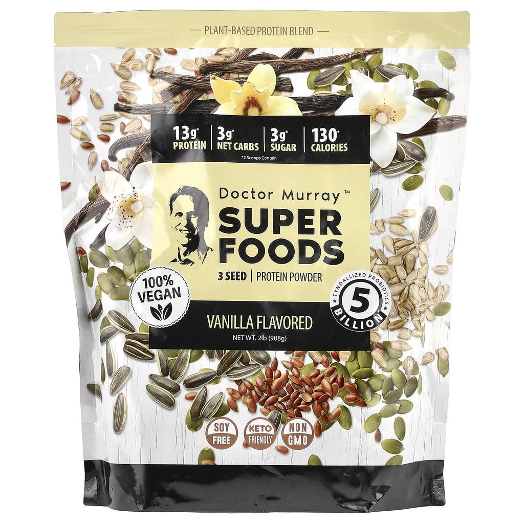 Dr. Murray's Superfoods, 3-Seed Protein Powder, Pumpkin + Flax + Sunflower, Vanilla, 2 Lb (908 G)