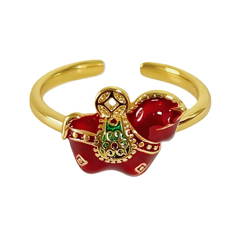 Red Yellow Enamel Zircon Inlaid Open Ring New Chinese Guochao Style Niche Personality Adjustable Ring Trend Decorative Jewelry