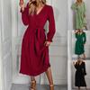 Women Spring Autumn Lantern Sleeve V Neck Bandage Solid Color Ruffles One Piece Dress