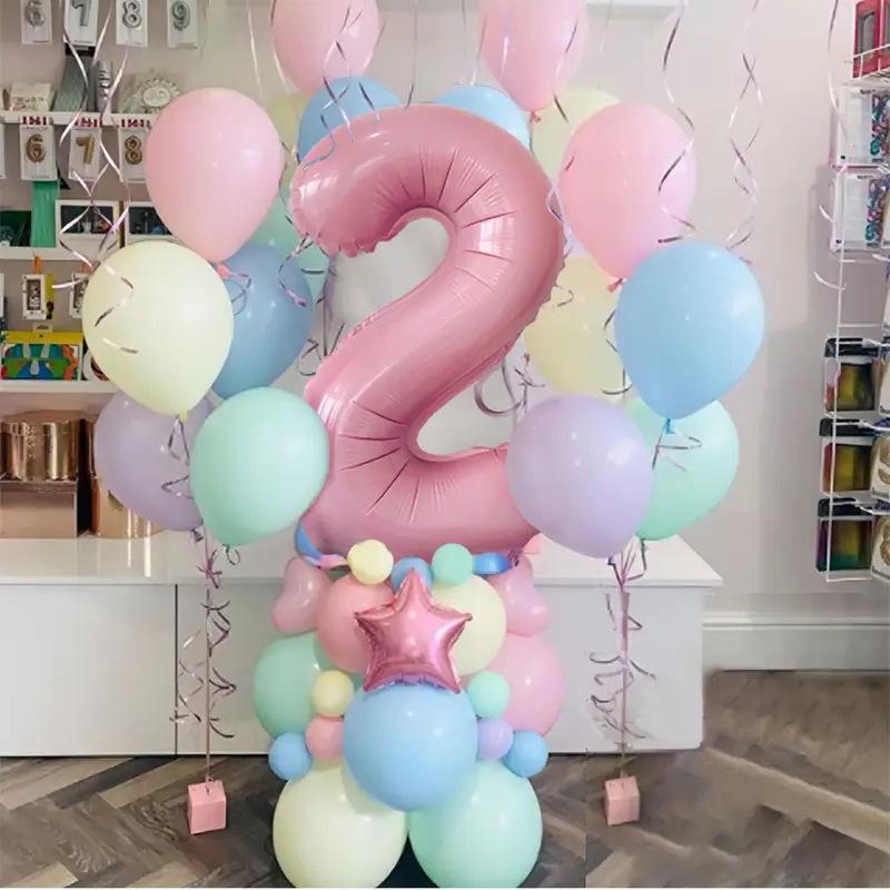 63 шт. Пастельных конфетных розовых воздушных шаров с цифрами 1-й, 2-й и 3-й, набор из фольгированных воздушных шаров в форме макарон, латексные воздушные шары, декор для вечеринки по случаю рождения принцессы в честь рождения ребенка