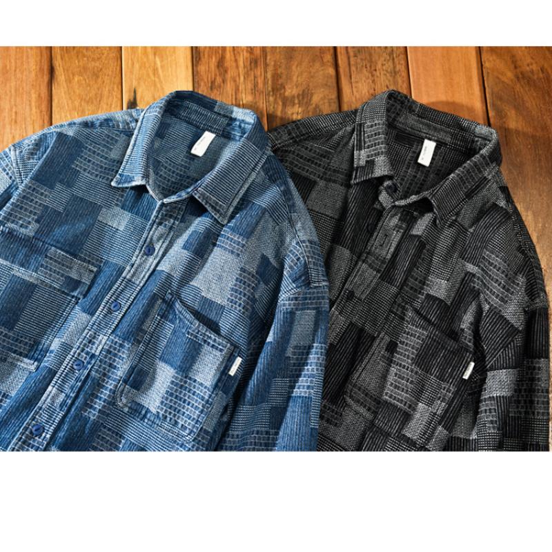 Новая джинсовая рубашка с длинным рукавом, мужская уличная одежда, трендовые джинсовые мужские топы, жаккардовые рубашки в клетку контрастного цвета, молодежная мужская одежда, повседневная свободная рубашка 4XL