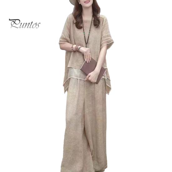 2 шт./комплект женский топ брюки комплект круглый вырез половина рукава неровный подол блузка широкие брюки эластичный пояс широкие брюки повседневный досуг свидание наряд