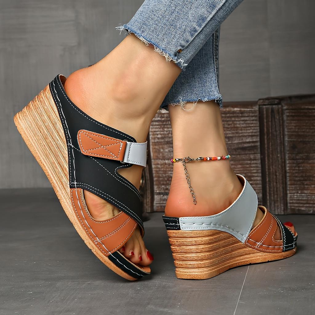 Ladies' Comfortable Color Blocked Sandals, Casual Buckle Open Toe Flat High Heels, Solid Color, Suitable for Summer Outdoor Shoes
