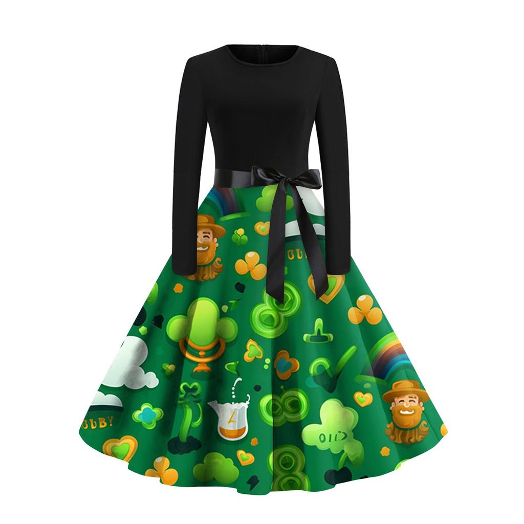 Women's Vintage Classic Dress Long Sleeve Valentine's Day Print Round Neck Swing Dress