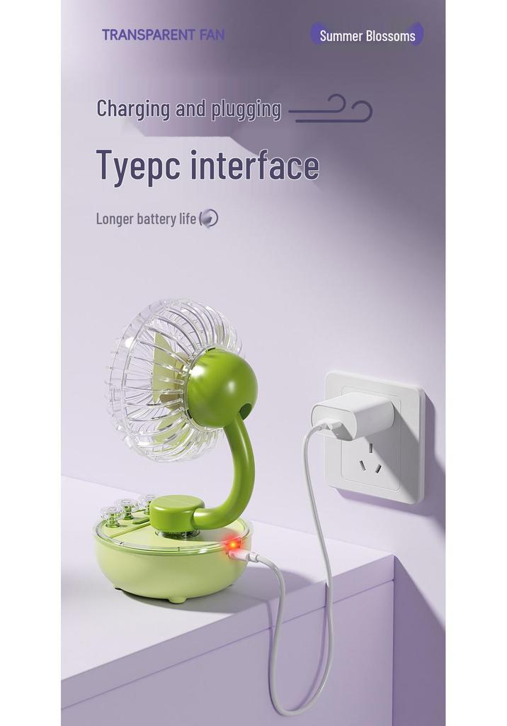 USB Rechargeable Transparent Mini Desk Fan: 3-Speed, Colorful Lights, Portable for Office and Students