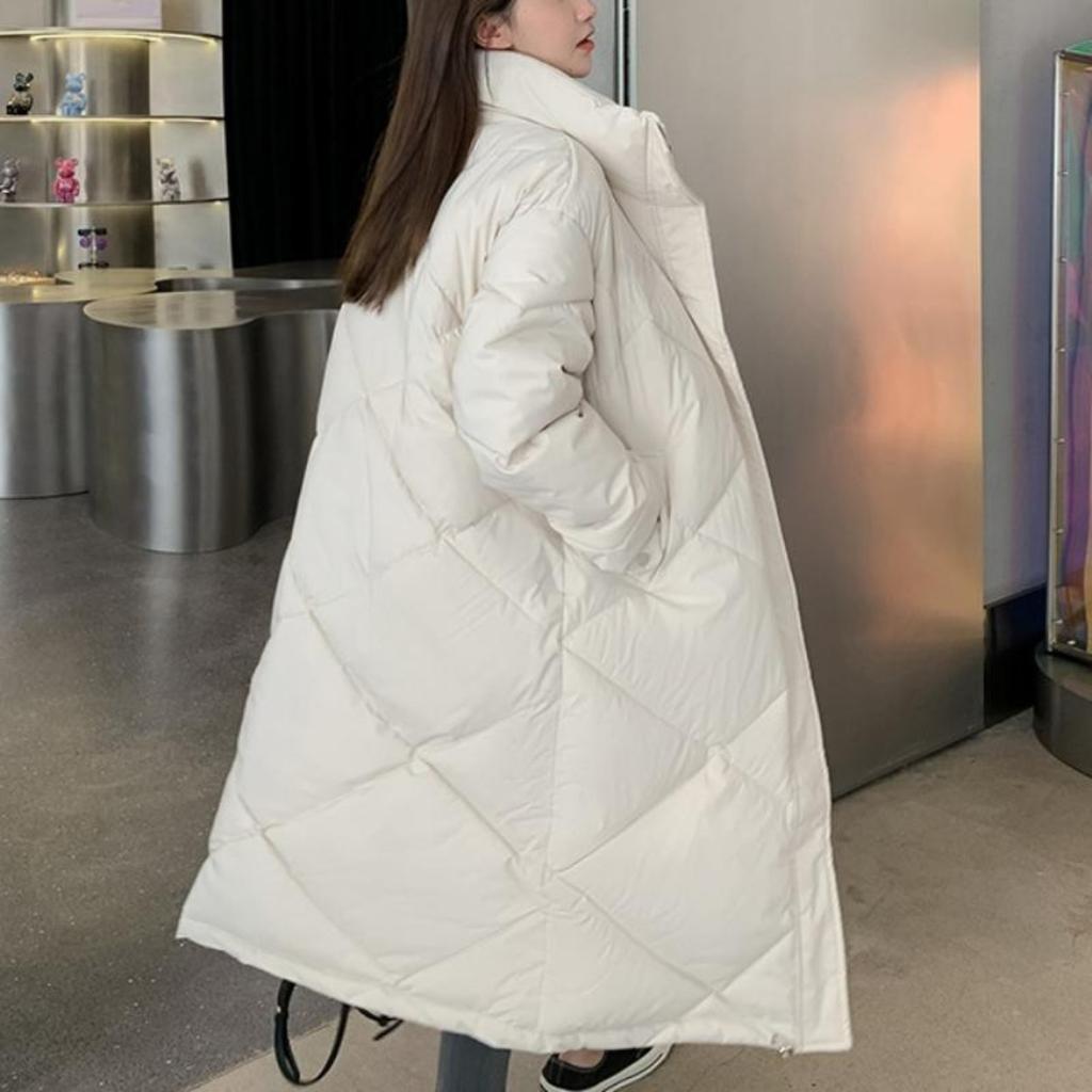 Модные пуховые пальто больших размеров для женщин 2022 года, зимние пуховые пальто в корейском стиле с воротником-стойкой, повседневные однотонные длинные парки, женские молнии, дизайн, шикарный дизайн