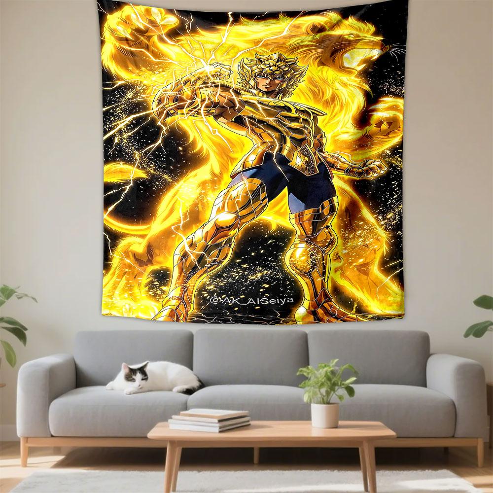Leo Aiolia Saint Seiya Gold Armor Glowing Lion Lightning Anime Wall Tapestry Decor for Bedroom Game Room Gift for Fans