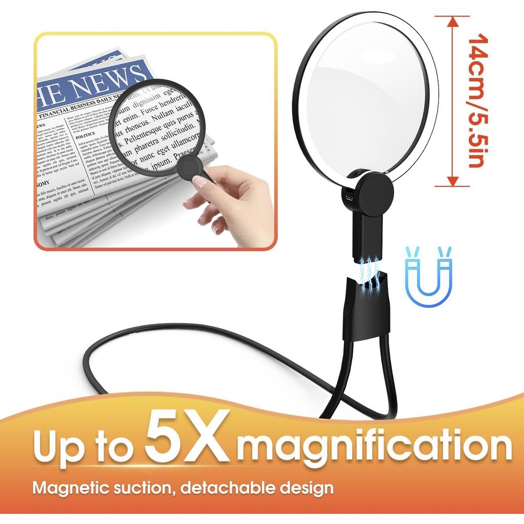 Увеличительное стекло на шею с подсветкой, 5-кратная лупа с подсветкой для чтения, изготовления ювелирных изделий, ремонта электроники, шитья