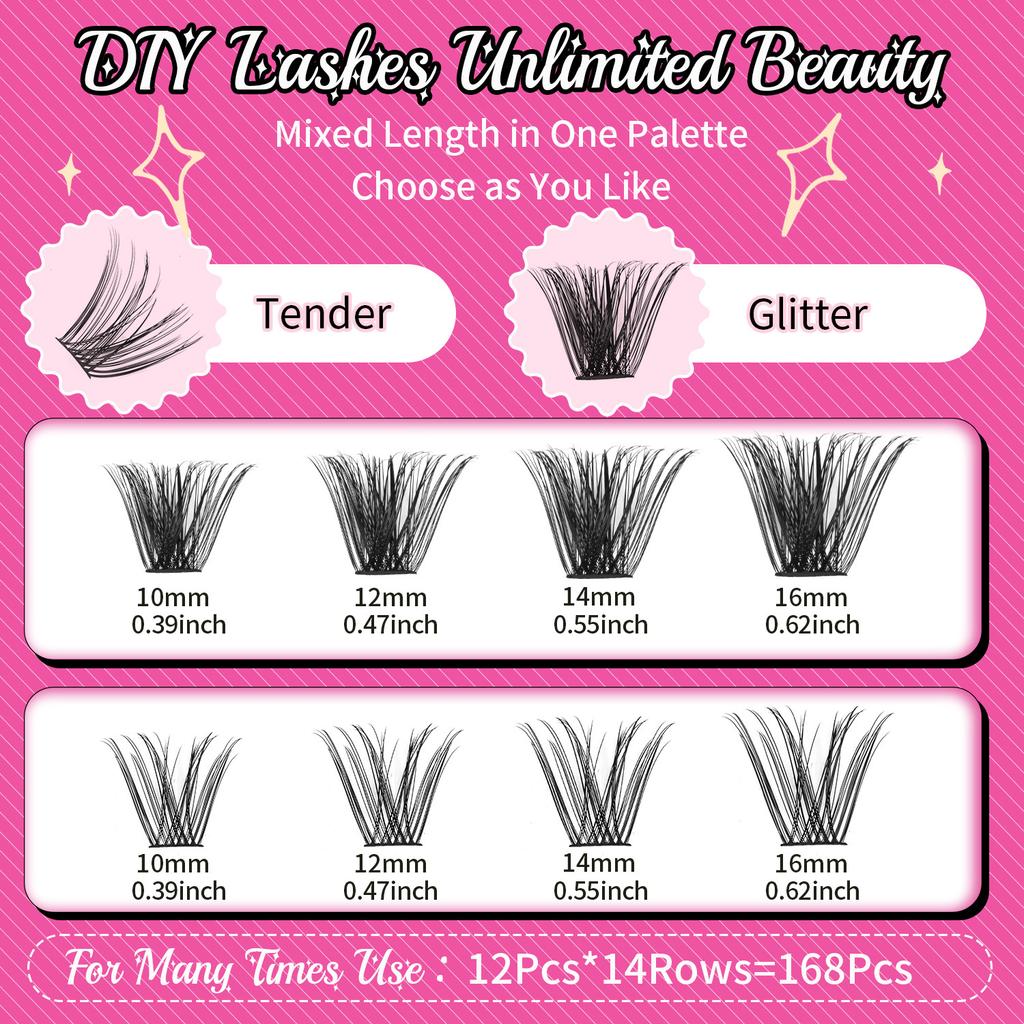 168 одиночных пучков D изогнутых волос накладных ресниц клей набор DIY сегментированные натуральные густые ресницы
