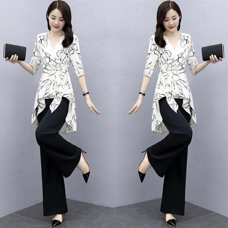 Women's Suit Casual Summer Two Piece Set Fashion Wide Leg Long Pant Half Sleeve Top Korean Style Printed Office Outfits